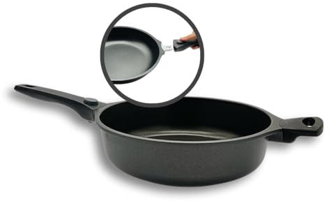 SKK 14728 Schmorpfanne mit Sicherheits-Glasdeckel, ø 28 cm, Induktionsgeeignet, hoher Rand, abnehmbarer Griff, Aluminium-Handguss-Pfanne, antihaft-beschichtet