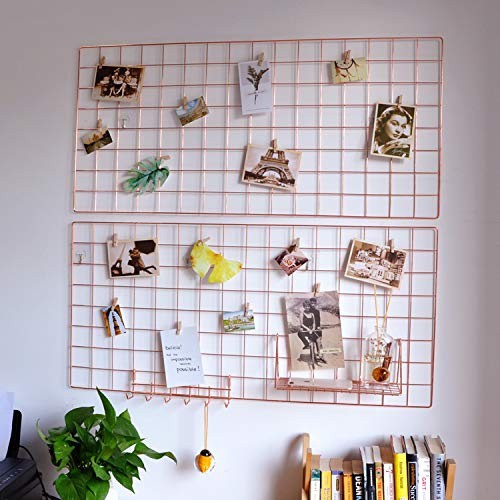 Yash Metall-Drahtgitter-Panel, Display-Organizer, Postkarte, Wandkunst-Display für Zuhause, Büro, Wohnzimmer, Schlafsaal, Küche, Aufbewahrungsgitterwand, 95 x 45 cm, 2 Stück, Roségold