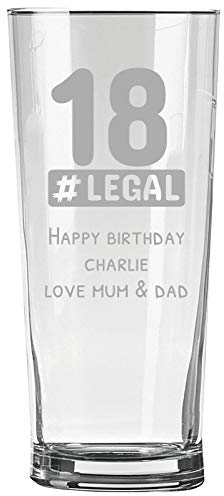 Personalised Engraved Pint Glass - 18th Birthday Gift, 18 Legal Pint Glass with Personalised Name and Message Design