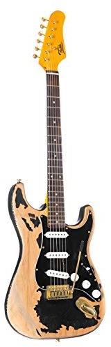 Fame SE Series E-Gitarre, elektrische Gitarre mit Single Coil Tonabnehmer, Electric Guitar in Worn Out schwarz, für Anfänger, ST-Style, ST-Worn Out RW