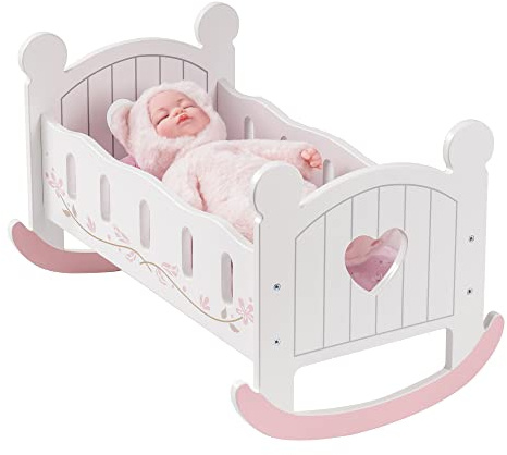 ROBOTIME Wooden Play Doll Cradle Rocking Baby Doll Crib, Reversible Doll Bedding for Toddler Girl,Fits Dolls Up to 20 Inches (White)