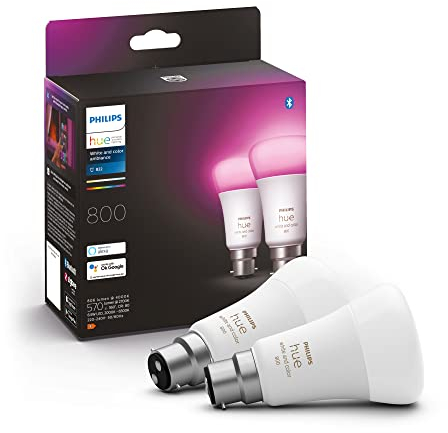 Philips Hue Ambiance LED-Glühbirne, B22-Bajonettsockel, 800 Lumen, entspricht 60 W, Weiß/Farbe, 2 Stück Funktioniert mit Alexa, Google Assistant und Apple Homekit