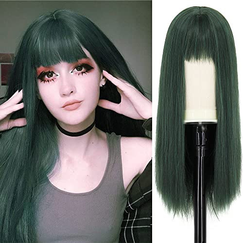 Perücke Grün Frauen mit Pony Lang Perücken für Damen Daily Party Kostüm Glatt Dunkelgrün Wig AL026E