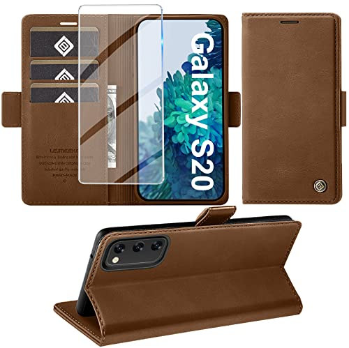 Handyhülle für Samsung Galaxy S20 Hülle mit Schutzfolie, Schutzhülle Galaxy S20 Standfunktion Premium Leder Wallet Silikon Phone Case Cover Hüllen S20 Klapphüllen 6.2 Zoll (Braun)