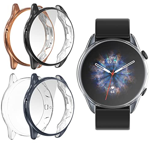 Bigqin 4 pezzi Custodia Compatibile per Amazfit GTR 3 Pro/GTR 3,TPU Protezione Cover Protettiva Compatibile per Amazfit GTR 3 Pro/GTR 3,Nero/Oro rosa/Trasparente/Grigio