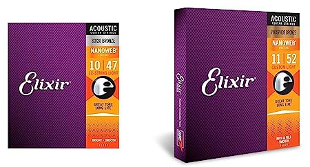 Elixir® 11152 Saiten 80/20 Bronze 12-saiter Akustik-Gitarrensaiten & 16027 Saiten Phosphor Bronze Akustik-Gitarrensaiten mit NANOWEB Beschichtung, Custom Light (.011-.052)