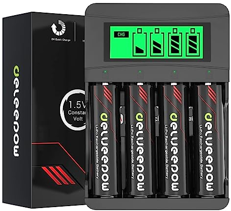 Delyeepow Batterie AA Litio Ricaricabili, 4 Pezzi 3400 mWh 1.5V Pile AA Litio Ricaricabili con Caricabatterie, LCD Display 4 Slot, 2ore Carica Rapida USB