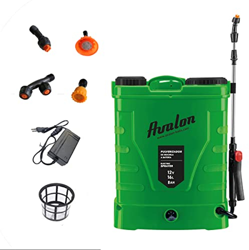 Avalon - Spruzzatore a zaino a pressione con batteria ricaricabile, serbatoio 16 l, lancia inox verde. Include cablaggio, caricatore e set di ugelli a spruzzo