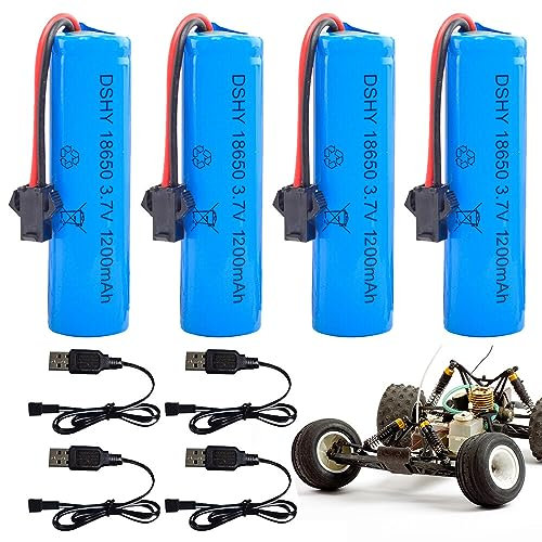 4 Stück 3.7V 1200mah Li-ion Battery, Akku 18650 3.7v mit 4 SM-2P-Steckern und USB-Ladegerät 3.7V Li-ion Akku Rechargable RC Akku Li ion Power Ersatz Akku für RC Fahrzeuge, Boote, Panzer, Autos