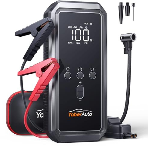 YaberAuto Booster Batterie Voiture avec Compresseur 5000A 150 PSI Booster Batterie Moto/Auto (Jusqu’à 9,0L Gaz ou 8,0 L Diesel) 12V Demarreur Batterie Voiture avec Gonfleur,Grand Écran LED,Lamp LED
