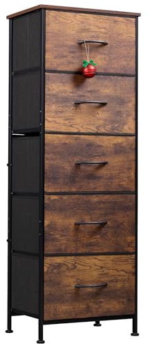 WLIVE Fabric Dresser for Bedroom, 5-Drawer Tall Dressers, Storage Organizer with Fabric Bins, Wood Top, Sturdy Steel Frame, Chest of Drawers for Closet, Hallway, Rustic Brown Wood Grain Print