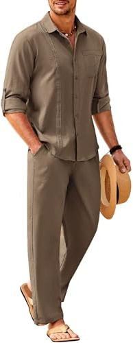 COOFANDY Herren-Leinen-Set, 2-teilig, langärmelig, Knopfleiste, kubanisches Hemd und Hose, Set für Sommer, Strand, Outfit