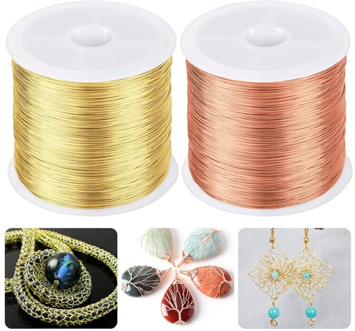 NINGYER 2 Rotoli Filo di Rame per Gioielli, 100m x 0,3mm Filo Rame per Gioielli, Adatto per la Realizzazione di Gioielli e per Creazioni Fai Da Te (Oro, Oro Rosa)