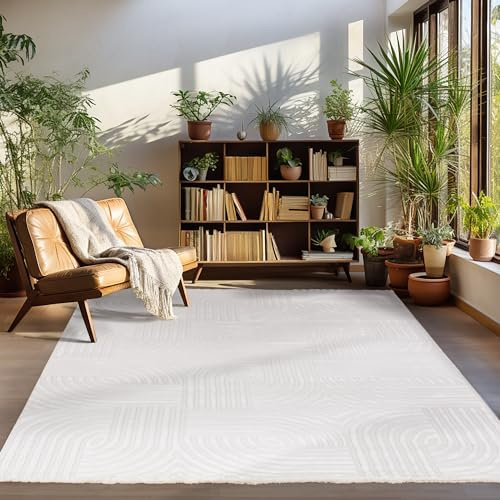 Carpettex Teppich Kurzflor Wohnzimmer Creme Skandinavisch Stil 3D Effekt 160 x 230 cm - Waschbarer Schlafzimmer Küchenteppich Boho Muster Weicher-Flauschiger