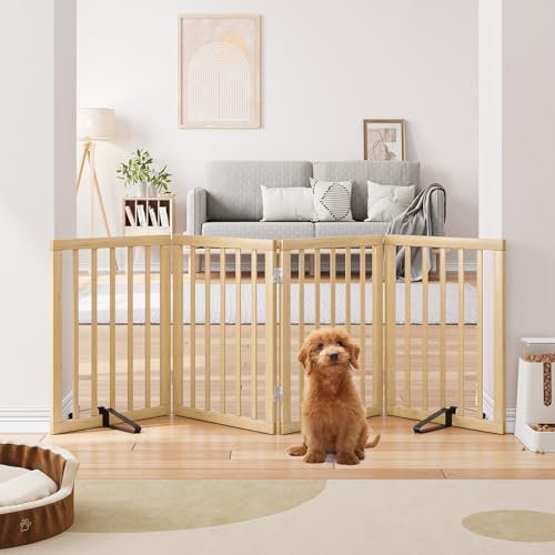 Semiocthome Massives Bambus-Hundegitter mit 2 Ständern, freistehende Haustiergitter für Türen und Treppen, 61 cm Höhe, 4 Paneele, Welpengitter für das Haus, vollständig montiertes Indoor-Tor
