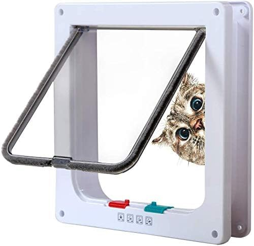 Sailnovo Puerta para Gatos 19 * 20 * 2,1cm Blanco Size S, Puerta para Gatos con Bloqueo de 4 Vías para Puertas Interiores Exteriores, Puerta para Mascotas Resistente a la Intemperie