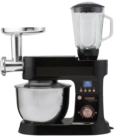 Cooks Professional Stand Mixer & Mincer 1200W | Electric Food Mixer with Pulse Setting | 6.2 Litre Stainless Steel Bowl | Blending Jug, Dough Hook, Whisk, Beater & Splash Guard | Black/Rose Gold