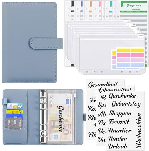 KONVINIT Budget Planner A6 Budget Binder,Budgetplaner mit Folien Deutsch,Ringbuch Finanzplaner mit Geldumschläge,Budgetsheets und Kategorien-Etiketten,Um Geld Sparen,Money organizer