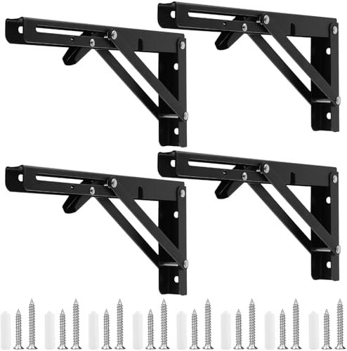 CHUENKUK 4 Stück Klappkonsole Schwerlast 250mm, Klappscharnier Schwerlast, Klappkonsole Schwarz Wandregal Klappbar Regalwinkel für Wand Regale Klapptisch Bücherregal, Max Tragkraft 50kg