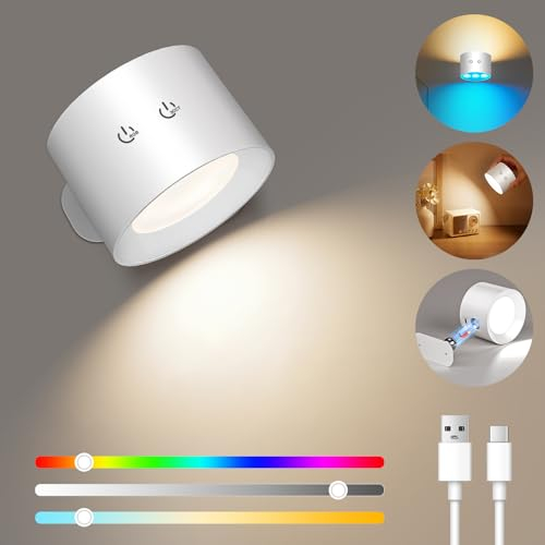 COTLEDL LED Wandleuchte Innen, Kabellose Akku Wandlampe, Dimmbar 3 Farbmodi Leselampe & RGB Ambiente Wandleuchte Ohne Stromanschluss,Touch-und Fernbedienung, 360° Drehbarer Lampe Weiß 1 Stück
