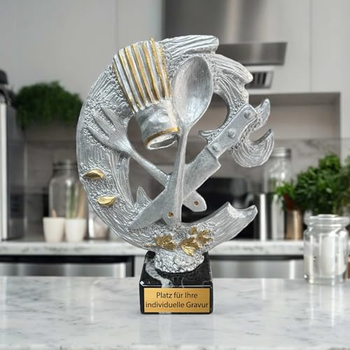 eberin · XXL-Küchenchef-Pokal – Die Krönung kulinarischer Meisterleistungen · Motiv: Besteck und Kochmütze · Koch/Köchin Auszeichnung Ehrung personalisierbar · 23,5cm (MIT Gravur)