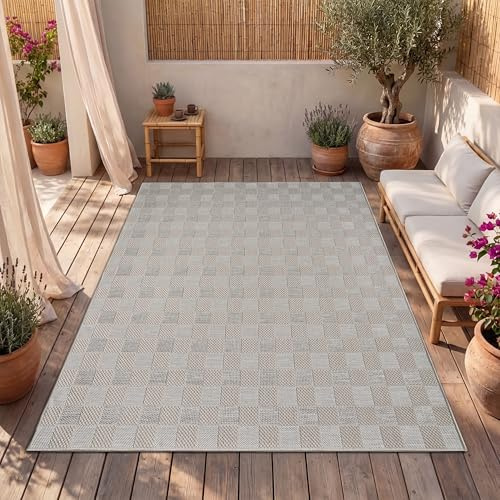 Paco Home Outdoor Teppich, Wetterfest, UV-beständig & Pflegeleicht, Flachgewebe Modern Boho-Style. Ideal für Terrasse Balkon Wohnzimmer & Küche, Grösse:133x190 cm, Farbe:Beige 8