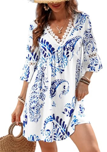 CUPSHE Women's Mini Dress Lace V Neck 3/4 Sleeve Ruffled Cuffs Empire Waist Casual Summer Cover Up Dresses Blue L