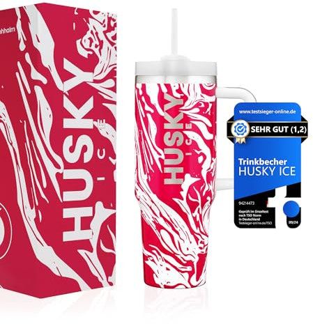 HUSKY ICE Thermobecher mit Strohhalm und Griff [24h Eiskalt] 1.2 Liter Cup - Trinkbecher mit Deckel und Strohhalm - Kaffebecher – Isolierbecher & Thermos (Rot bemustert)