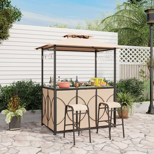 GOPLUS 3 Pcs Abri Barbecue avec Bar d'Extérieur,Table de Bar en Verre Trempé, 2 Tabourets, Porte-Verres, Abri de Grill à Double Toit pour Jardin, Piscine, Cour,194 x 121 x 242CM (Café)
