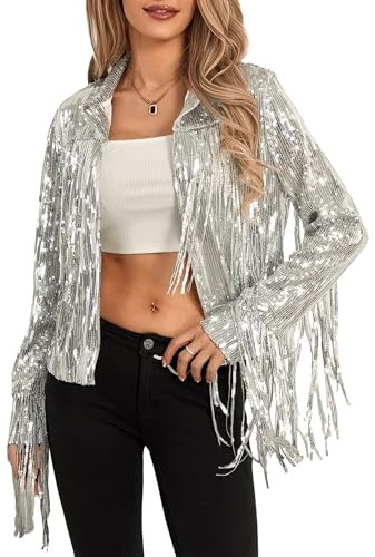 Acrawnni Y2K Damenjacke mit glitzernden Pailletten, glänzend, Quaste, Fransensaum, Discojacke, Pailletten-Fransen, Rave-Jacke, Mantel, 90er-Jahre-Streetwear, A-Silber, M