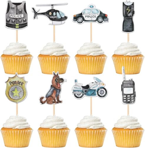 40 Stück Polizist Tortendeko Doppelt Seite Polizei Cupcake Toppers Helikopter Auto Hund Abzeichen Uniform Waffe Polizist Kuchen Deko für Polizei Thema Kinder Geburtstag Party Kuchen Dekoration
