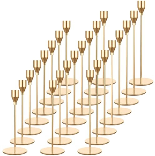 Set of 24 Gold Candlestick Holders for Taper Candles,Gold Candle Holder Fits 3/4 inch Thick Taper Candles,Tall Candlestick Holders for Wedding, Party Tabletop Decor, Home Decor, Candlelight Dinner