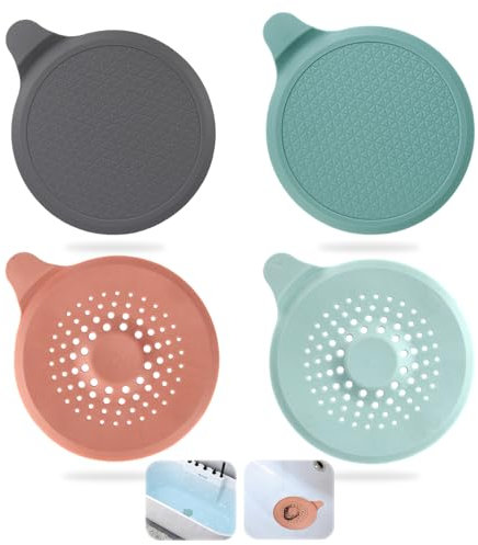 NVGVUP 4 Pcs Tappo Di Scarico Universali In Silicone, Tappi Per Vasca, con 2 Filtro per Lavello in Silicone, Filtro per Capelli in Silicone con Ventosa per Cucine Bagno Lavanderia Doccia Lavello