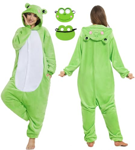 JONRRYIN Onesie Pyjama Damen Herren, Tierkostüm für Erwachsene, Unisex Tier Onesie Kostüm Pyjama, Frosch Schlafanzug Jumpsuit für Cosplay Karneval