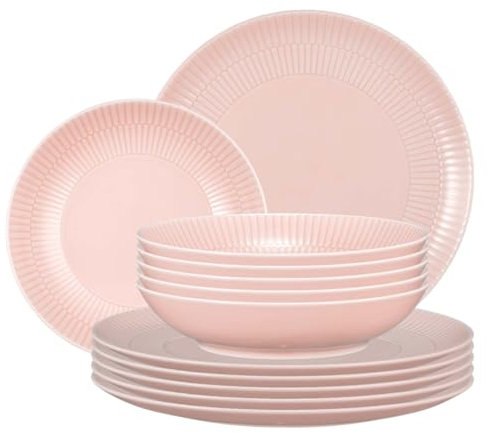 Seltmann Weiden Amina Rosé Tafelservice 12-teilig, Runde Speiseteller (28 cm) und Suppenteller (21 cm) für 6 Personen, Geschirr-Set mit dezentem Relief-Muster, Porzellan, Rosa