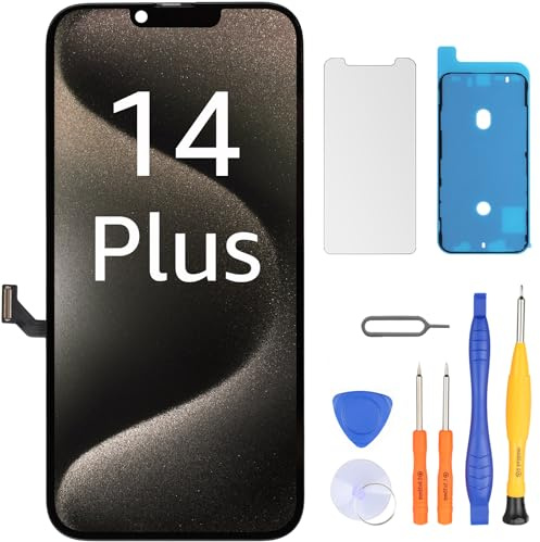 LL TRADER Display für iPhone 14 Plus 6.7 LCD Ersatzbildschirm und Kits | Retina FHD 3D Touch Digitizer Rahmenmontage mit Wasserfestem Klebeband und Displayschutzfolie (True Tone Programmierbar)