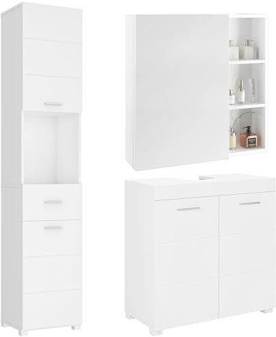 FOREHILL 3-teiliges Badmöbel Set, Inklusive Waschbeckenunterschrank, Spiegelschrank mit Tür, Badezimmer Hochschrank, weiß