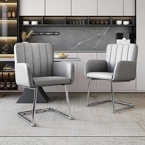 Goeria 2er Set Esszimmerstühle mit vertikalen Streifen,Gepolsterter Sessel mit zickzackförmige Metallbeine,Lounge-Stuhl,Wohnzimmerstuhl,für Shlafzimmer,Arbeitzimmer und Schreibtisch,Kunstleder,grau