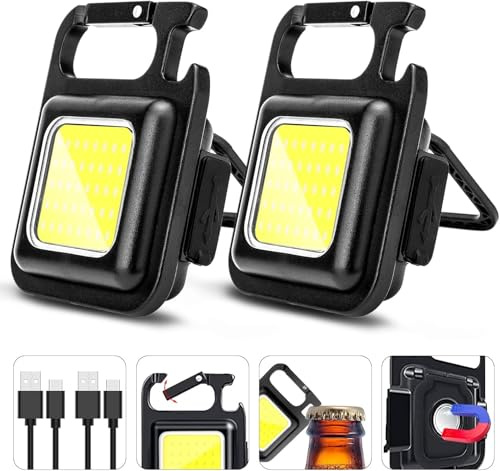 Cob Keychain Work Light Keychain Flashlight 4 Light Modes, Keychain Light Emergency Light with Folding Bracket Bottle Opener for Fishing, Camping and Walking 2Pack
