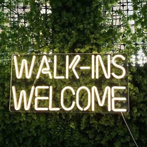 Open Neon Sign Walk-ins Welcome LED Wall Light 16x8in for Shop, Salon & Barber, Dimmable USB Powered, Walk Ins Welcome Sign For Salon Bright Glow (GoldYellow)