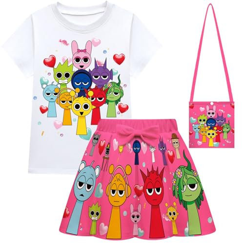 Sommer Neue Kinder Sprunki T-Shirt Mädchen Kurzarm Plissee Rock Tasche dreiteilig Set,Rose,120cm