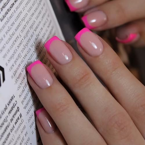 KQueenest 30 Pcs Hot Pink French Tip Press on Nails Short Square, French Tip False Nails Short Coffin, Custom Thick Acrylic Fake Nails Set Natural Nude Gel Stick on Nail for Women Daily Wear