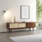 Mueble TV Simona L 175 cm de madera maciza color castaño con 2 cajones 2 puertas correderas, para TV de hasta 75, estilo vintage escandinavo años 50 con ratán trenzado, almacenamiento práctico
