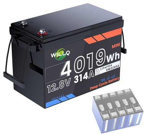 WILLQ 12 V 300 Ah Deep Cycle LiFePO4 Lithiumbatterie, 12,8 V 314 Ah LFP-Batterie, 6000+ Zyklen mit 200 A BMS für Wohnmobil, Trolling-Motor, Solar, Marine-Backup-Batterien