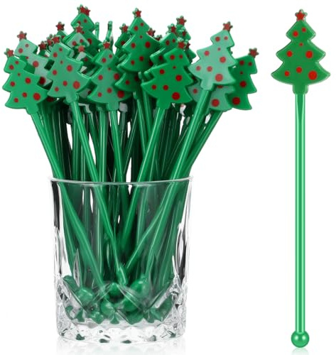Chengu 100 Pcs Christmas Tree Drink Stirrers Hot Cocoa Bar Stir Sticks | 5.91 Swizzle Sticks Hot Chocolate Bar Supplies, Reusable Plastic Coffee Bar Decorations, Cocktails, Xmas Winter Party Favors
