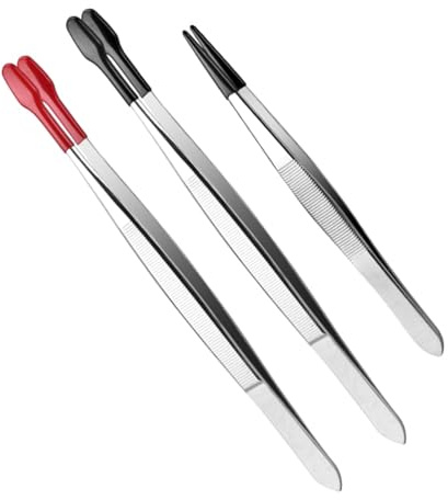 Lot de 3 pinces à épiler à bout en caoutchouc avec revêtement en silicone plat et pointu pour bijoux, cils, applicateurs, travaux manuels