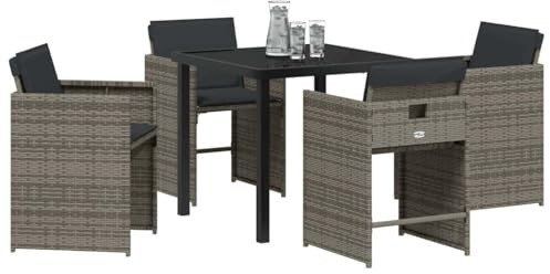 vidaXL 5 Piece Garden Dining Set with Grey Synthetic Rattan Cushions - Outdoor Table and Chairs for 4 People, Patio Furniture, Balcony, Removable, Lounge, Seat, Patio, Summer, M
