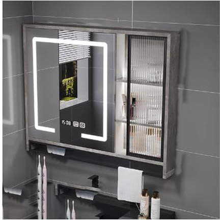Badezimmer-Medizinschrank mit Spiegel, großer Make-up-Aufbewahrungsschrank, Massivholz, mehrschichtige Tafel, Zeitanzeige, 70 cm, perfekt für organisierte Räume, Grau