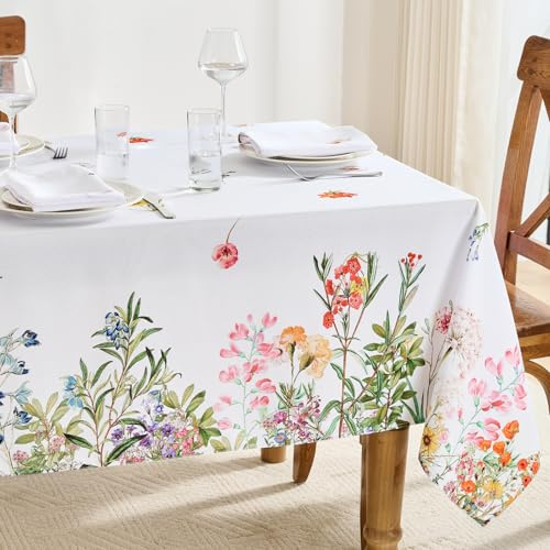 FIBORIA Garten Tischdecke Frühling Ostern 140×180 cm Rechteckig Outdoor Tischdecken wetterfest Abwaschbar Table Cloth Weiß mit Blumen,Wasserabweisend für Ferien,Esstisch,Restaurant,Party,Picknick