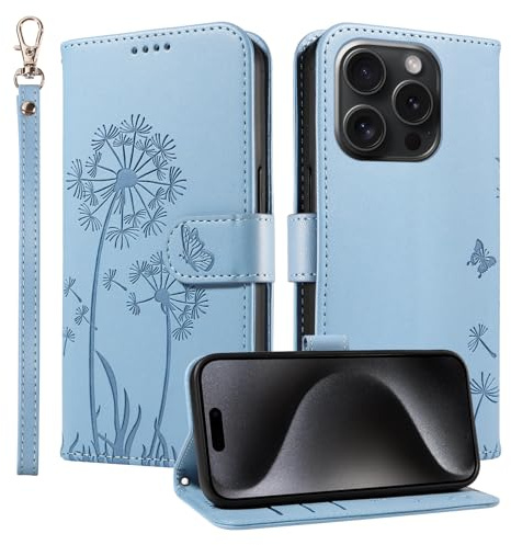 Trugox Wallet Case for Apple iPhone 15 Pro Phone Case Leather Dandelion with Credit Card Holder Purse Kickstand Folio Book Folding Flip Case Cover Women Shockproof - Azure